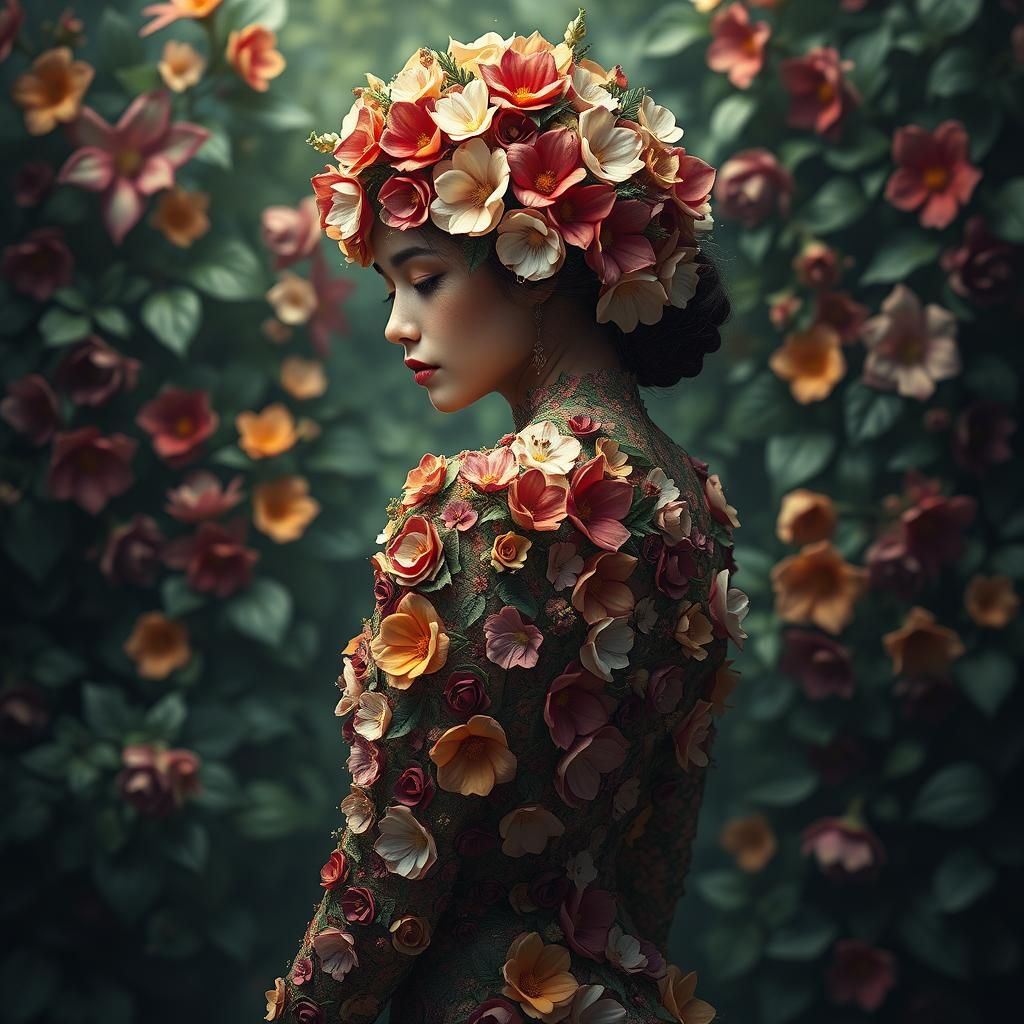 Woman in Floral Dress Turning Around: Fantasy Art
