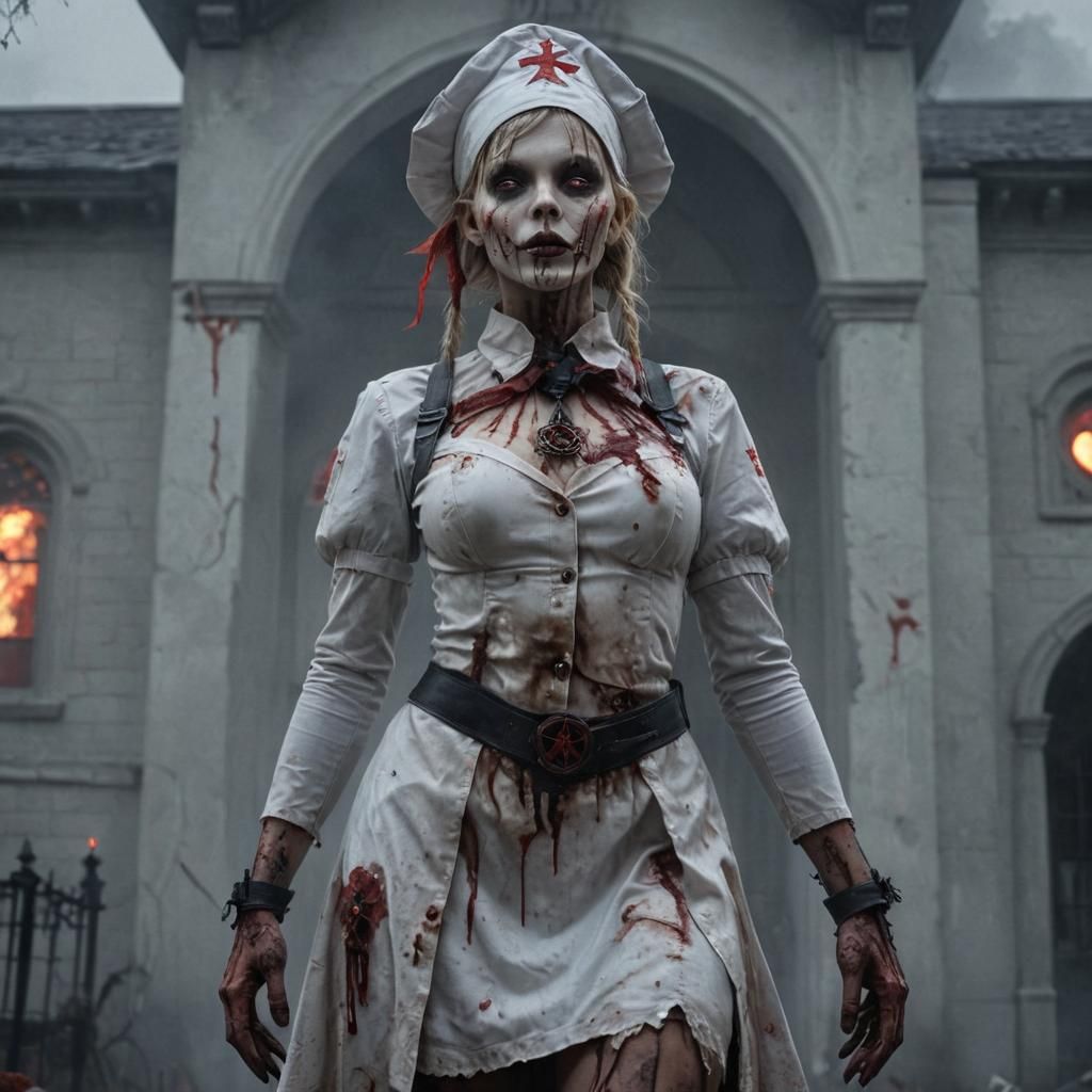 A dark hyperrealistic fantasy render of a scarecrow-like Beautiful, rotting zombie nurse with fiery red eyes in a skin t...