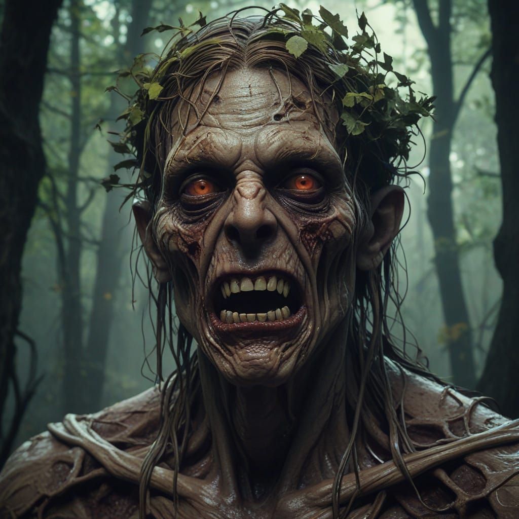 Grotesque Zombie Face in Dark Fantasy Woods