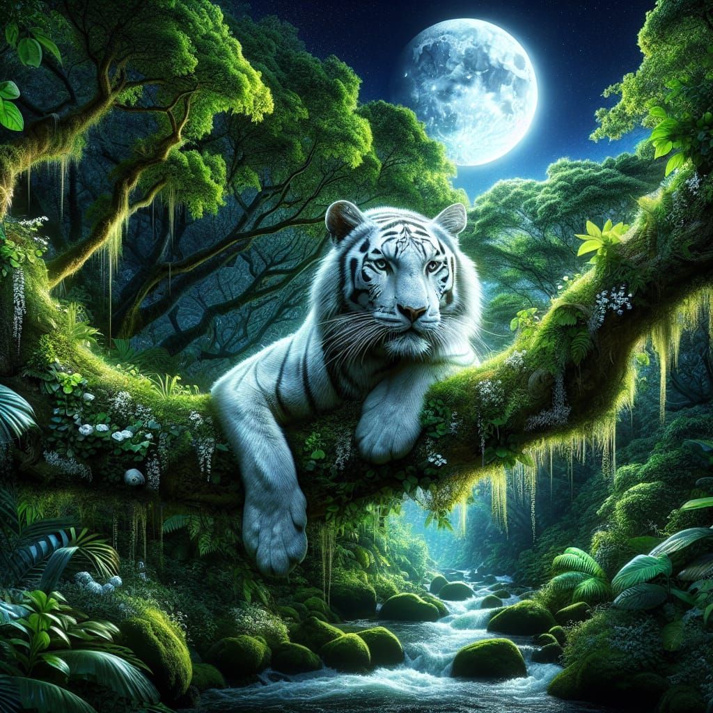 White Tiger Emerges Under Silver Moonlight