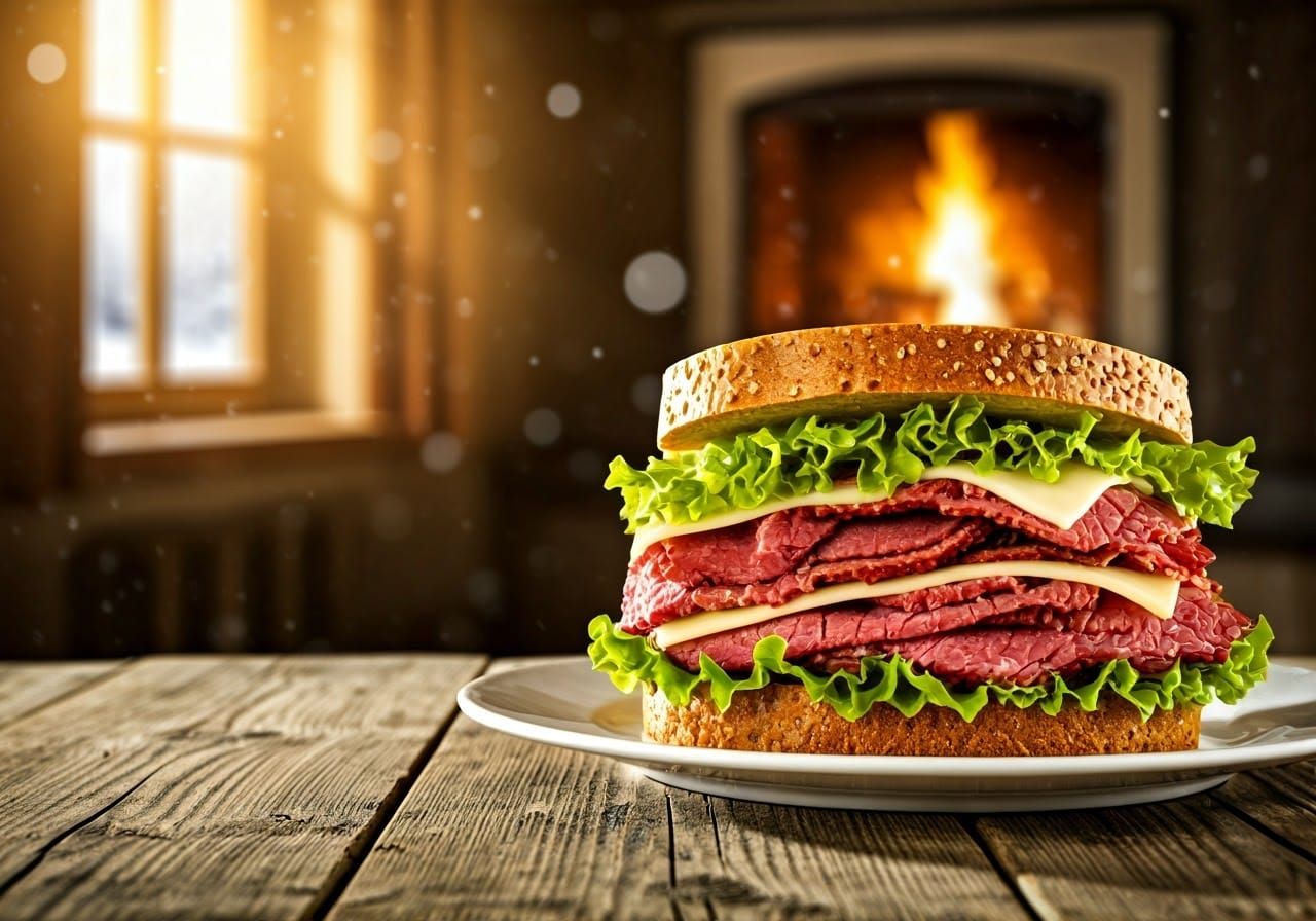 Warm Realistic Kitchen Scene with Corn Beef Sandwich and Fir...