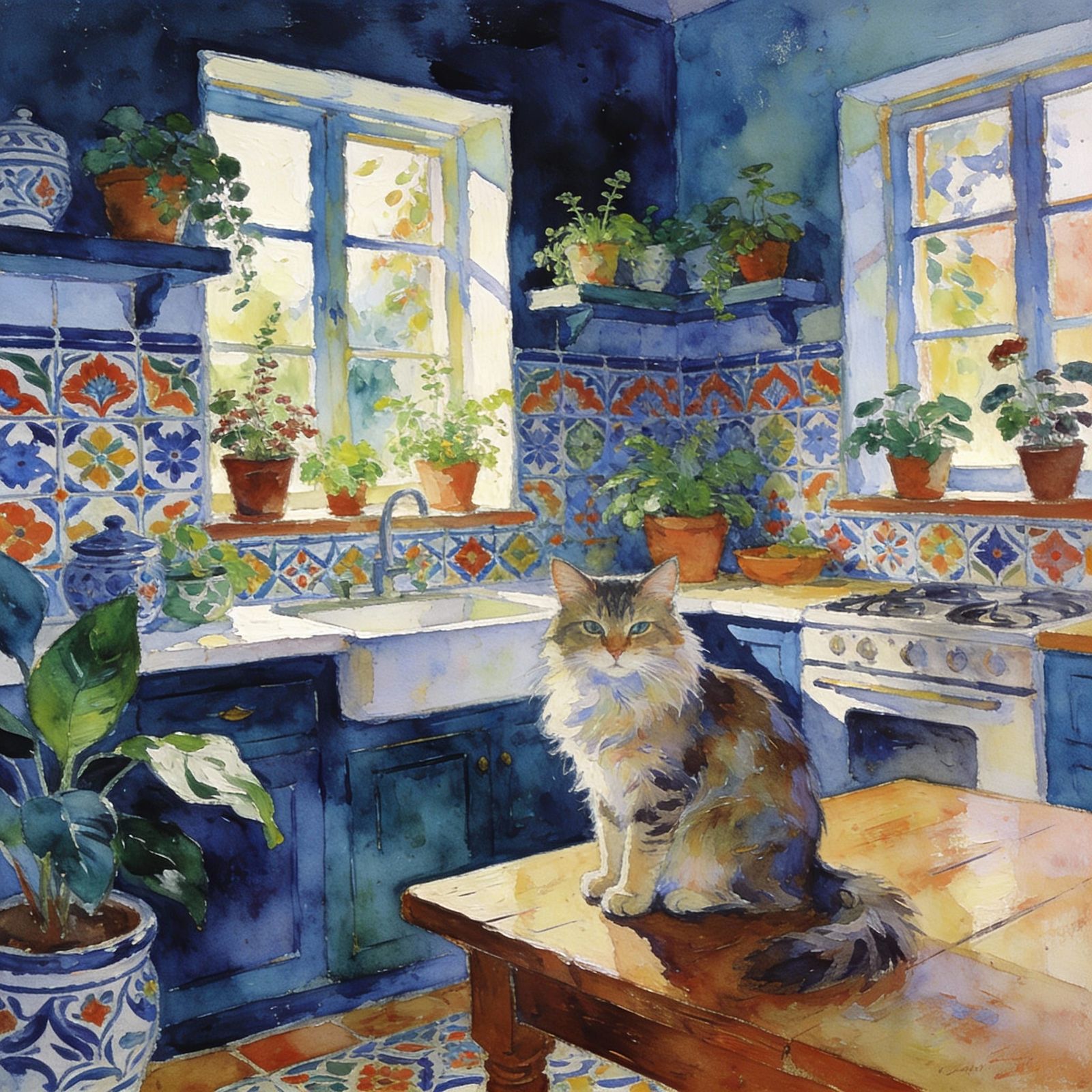 Calm Mexican Kitchen with Cat in Impressionist Style