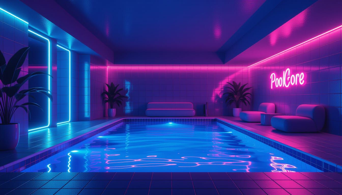 Futuristic Liminal Pool Room with Neon Lighting