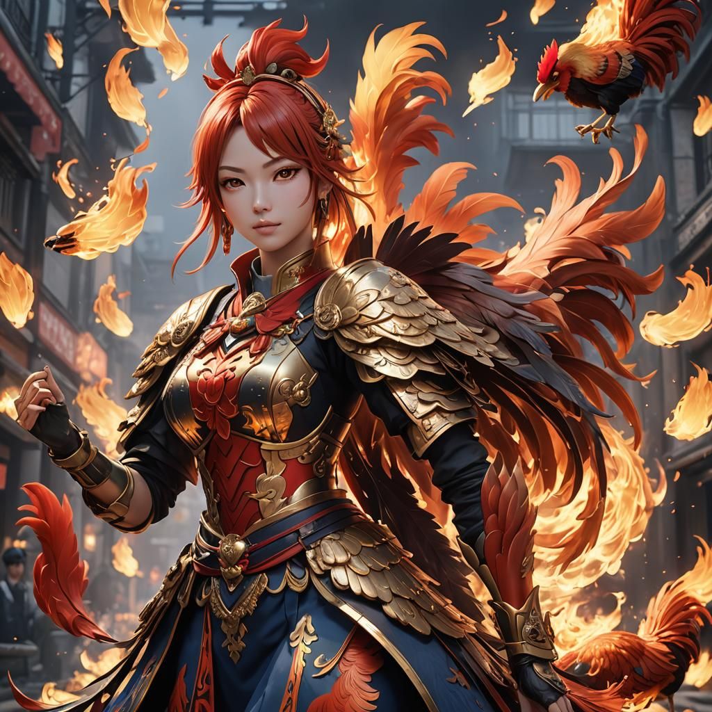 Anime Fire Rooster Waifu in 3D
