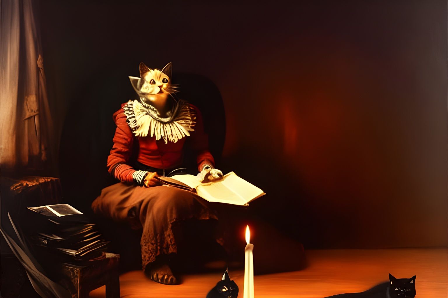 Humanoid Cat Goddess Reading: Renaissance Oil Painting