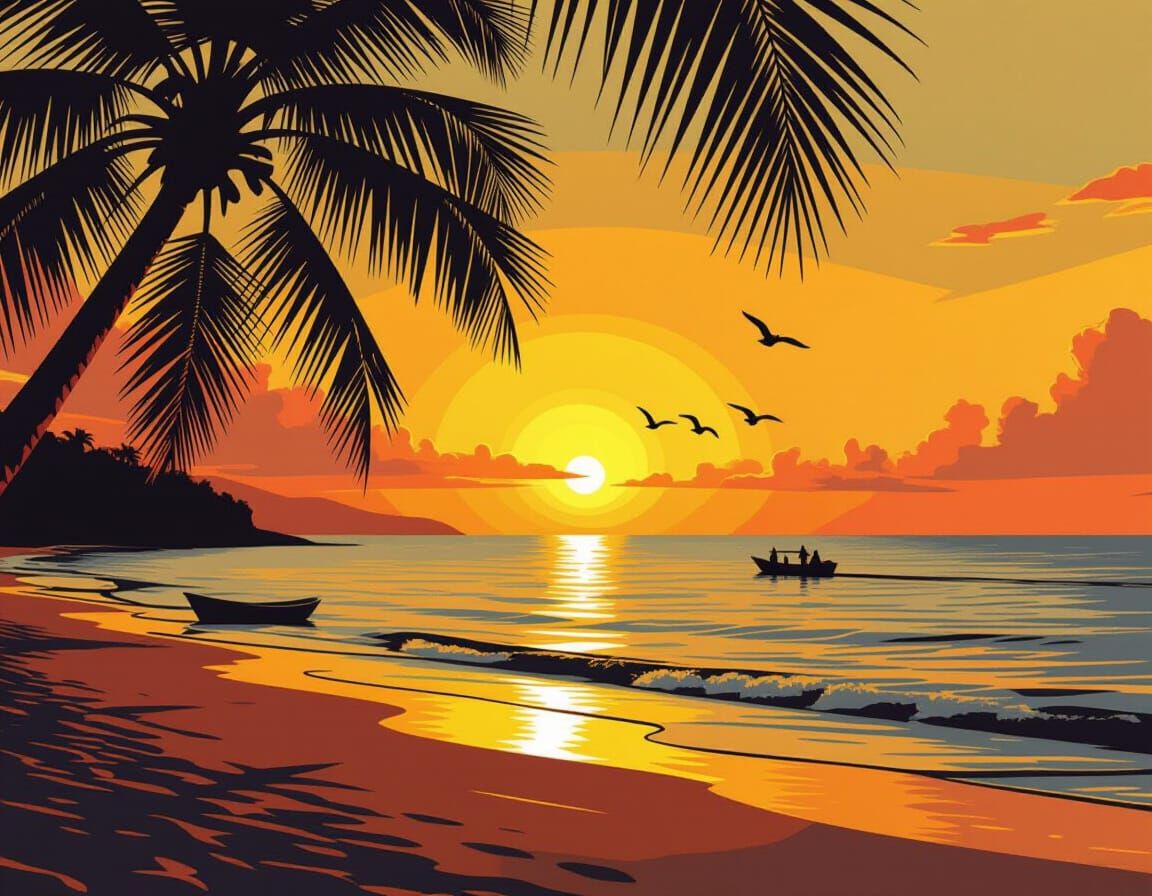 Vibrant Beach Sunset with Palm Silhouettes