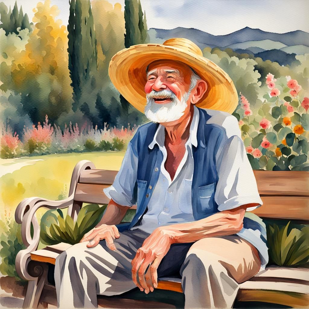 Laughing Man in Garden, Gouache Watercolor Painting