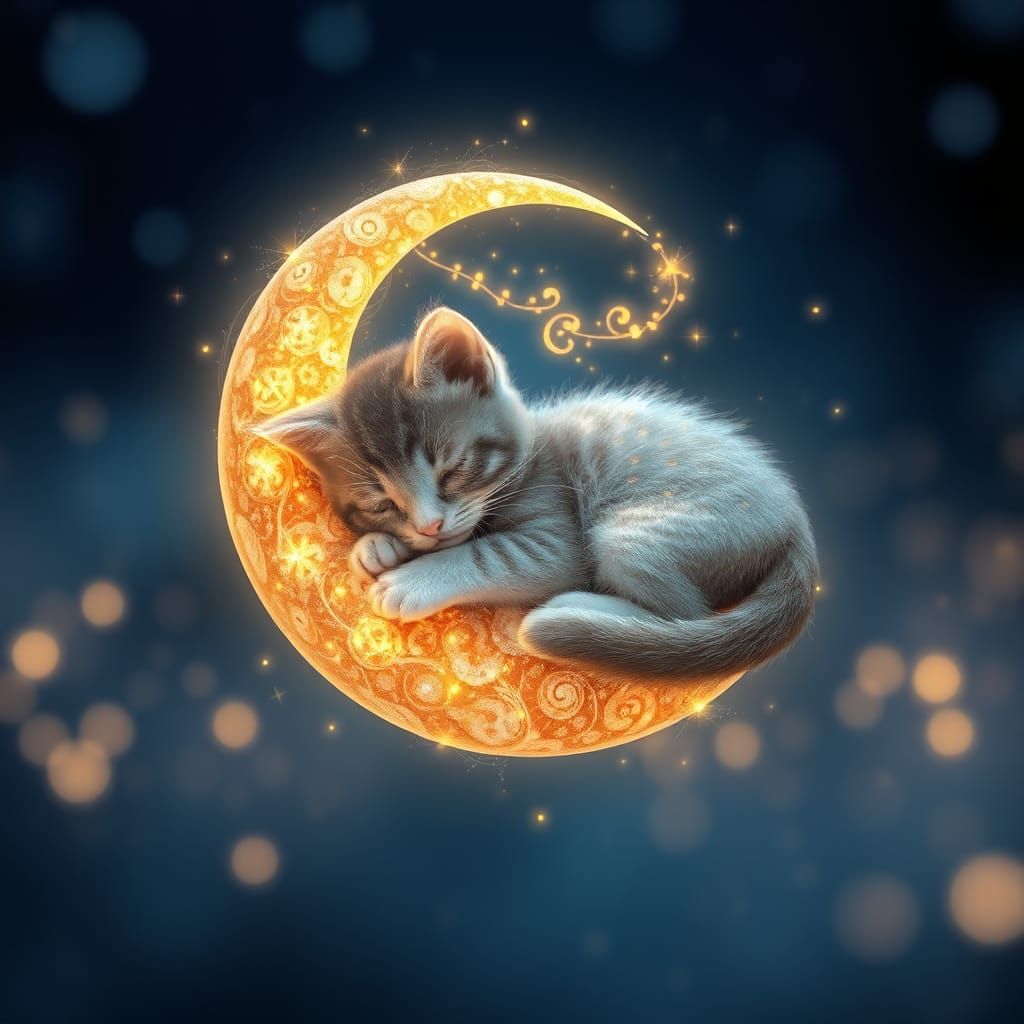 Kitten Sleeping on Moon with Ethereal Lights