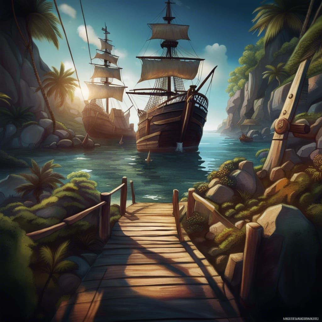 Detailed Pirate Hideout Cove in Golden Age Illustration Styl...