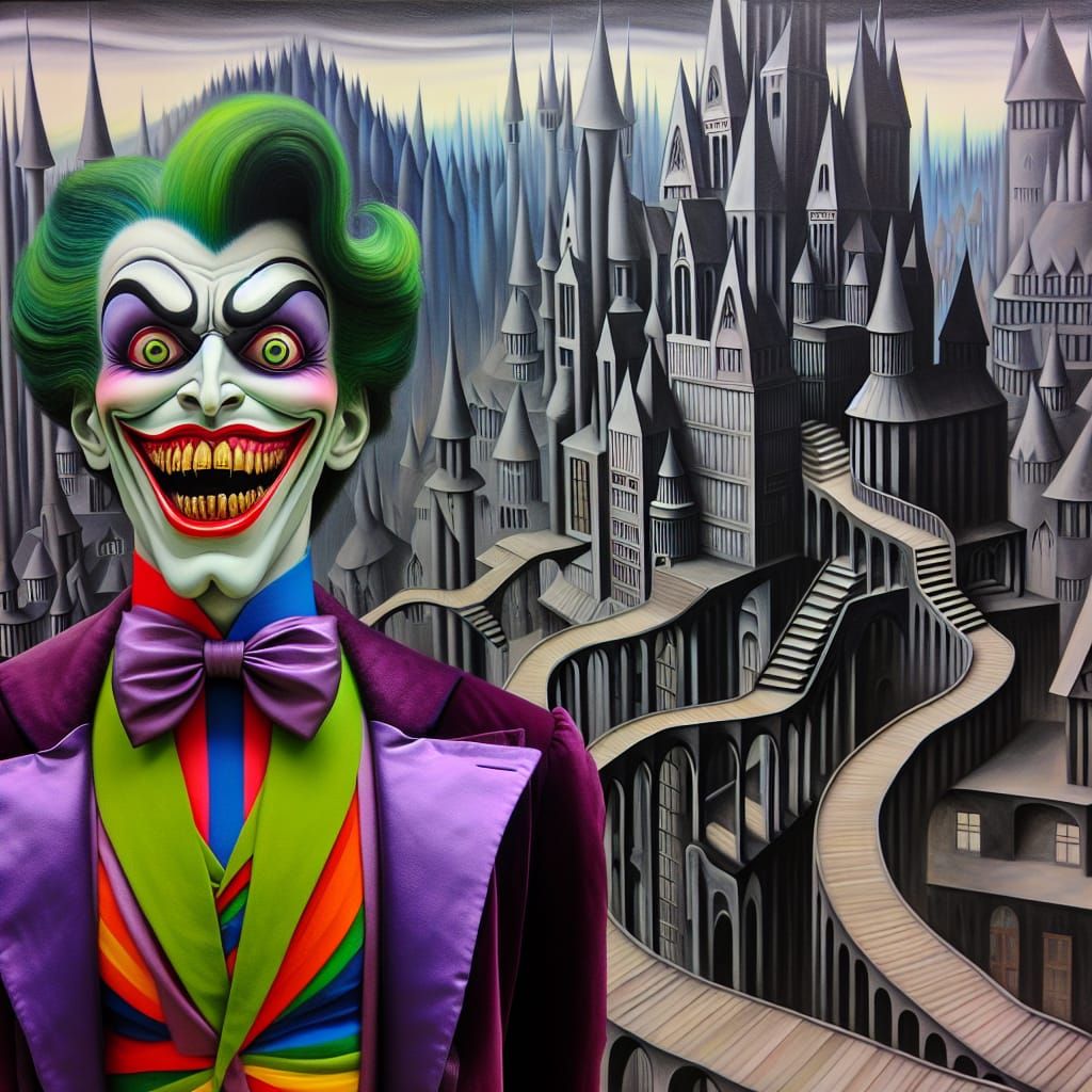 Evil Gothic Gentleman in a Whimsical Cityscape