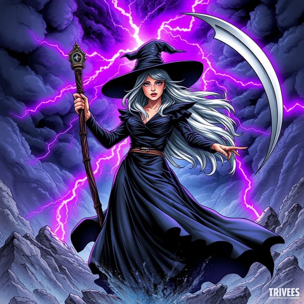 Dynamic Witch with Scythe in Comic Book Art Style