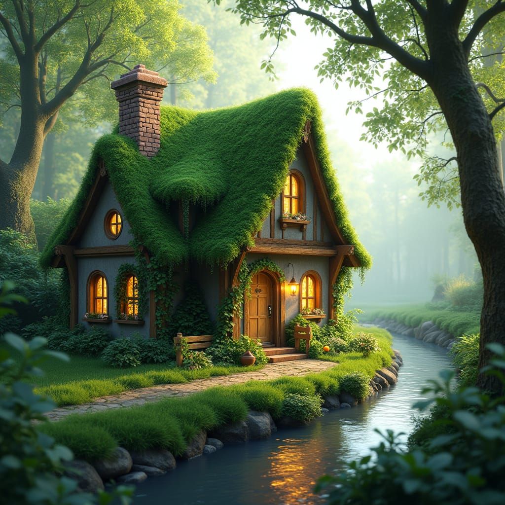 Whimsical Mossy Cottage in Forest, 3D Render