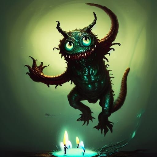 Teal Furry Monster Birthday in Dark Fantasy Style