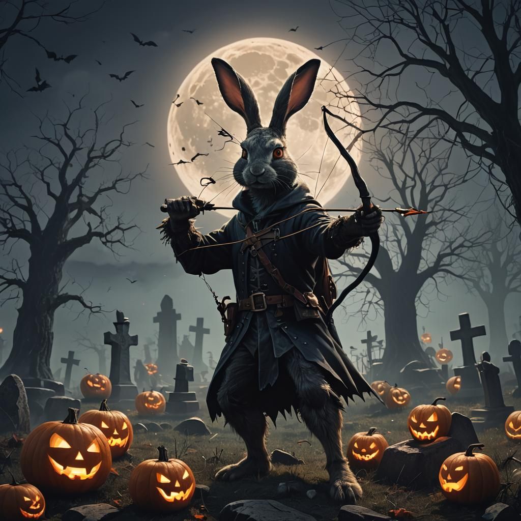 Rabbit Archer in Spooky Halloween Graveyard: Fauvist Illustr...