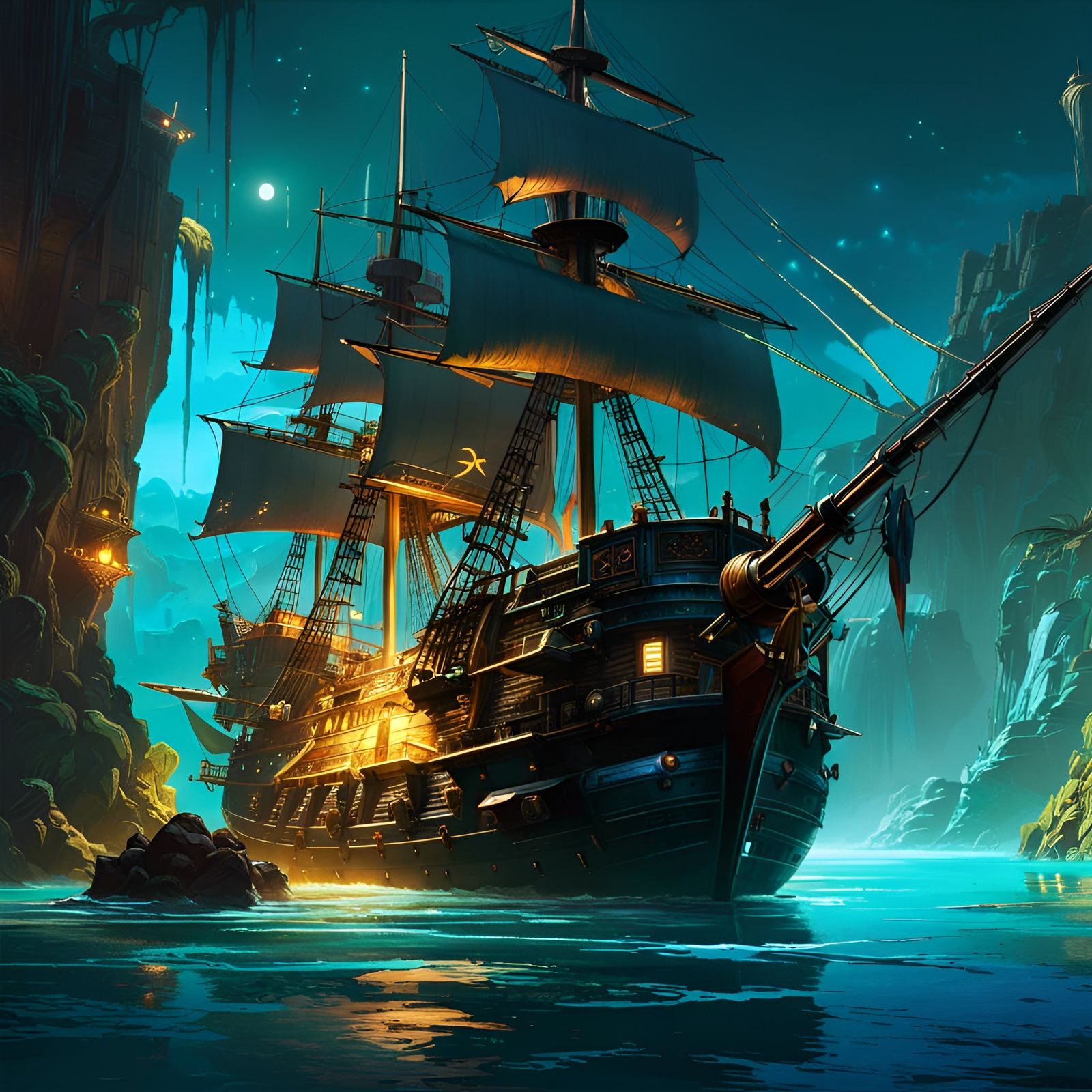 Bioluminescent Pirate Cove in Ink Splatter Style