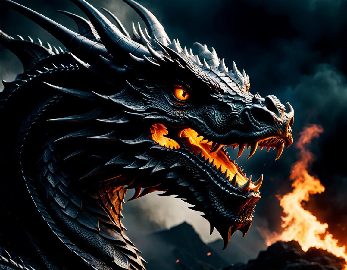 Intricate Black Dragon in Tolkien Style