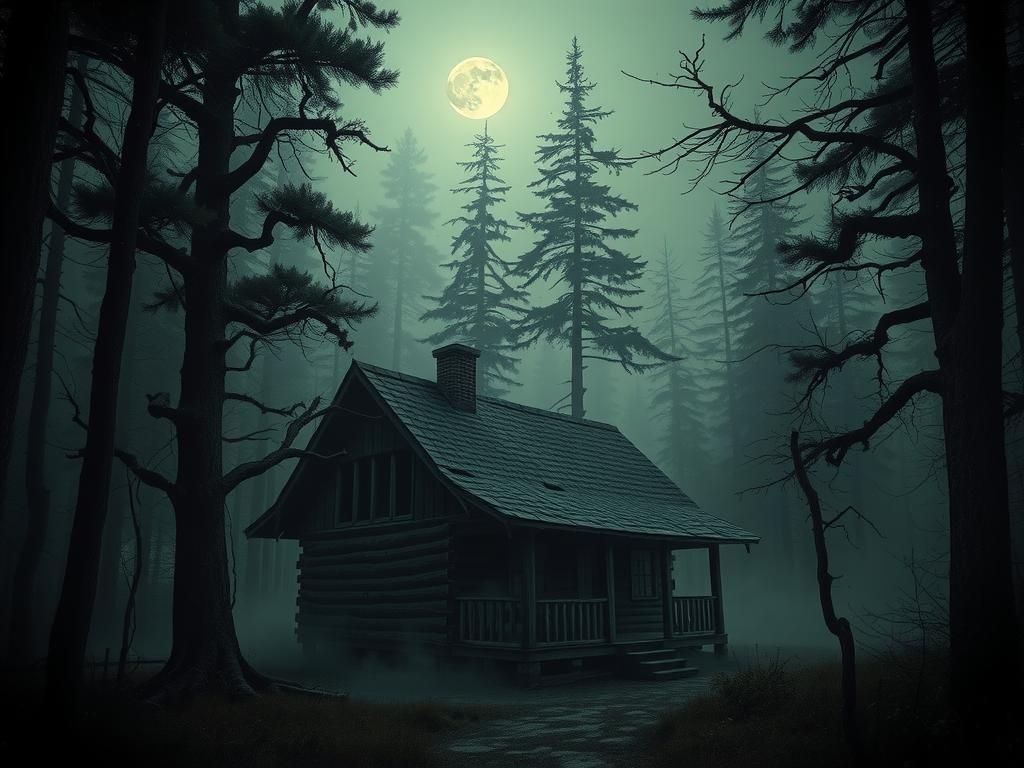 Eerie Cabin in Gothic Horror Forest