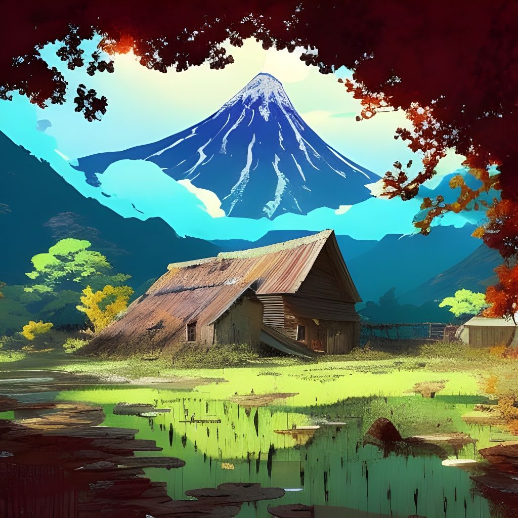 Anime Farm Village with Distant Volcano