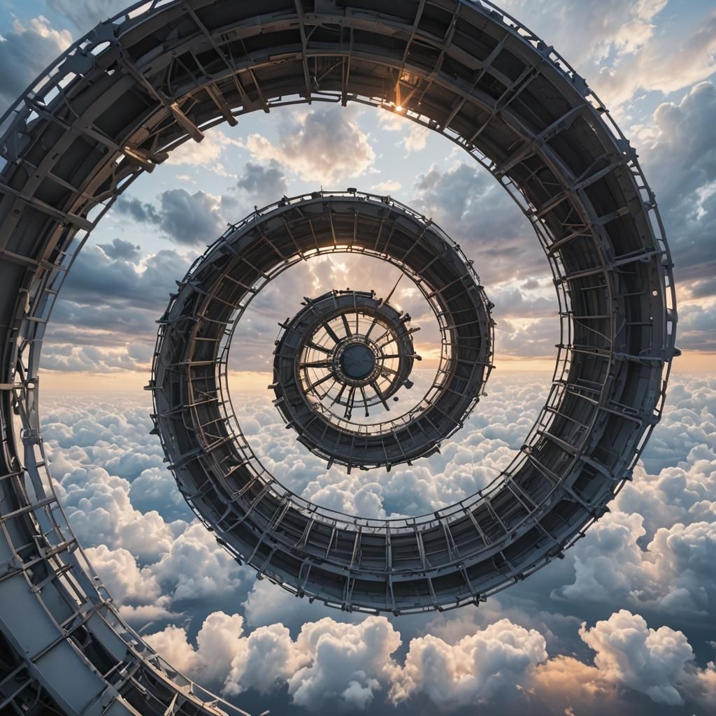 large flying structure, sunset, clouds