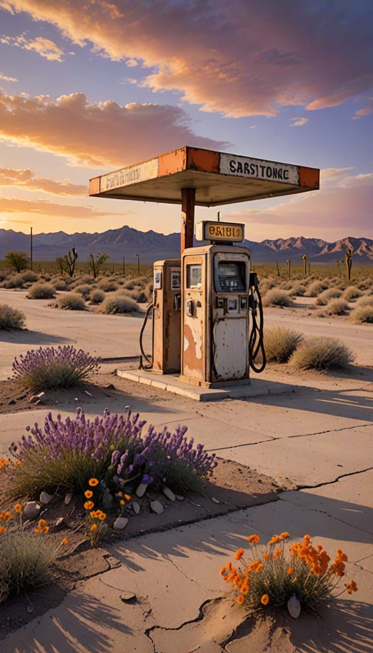 Desert Gas Station Ruins at Twilight