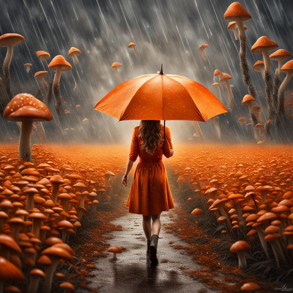 Woman in Orange Dress Amidst Autumnal Rain