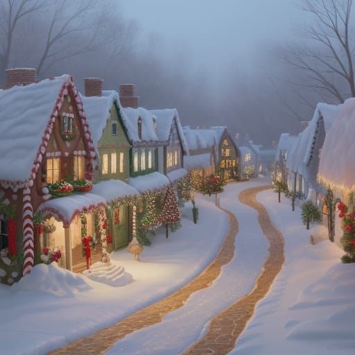 Whimsical Candy Cane Village Digital Painting