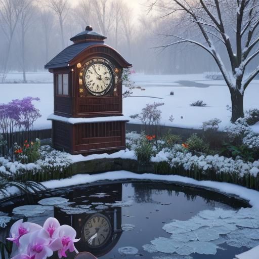 Surreal Clock, Orchid, and Frozen Pond Composition