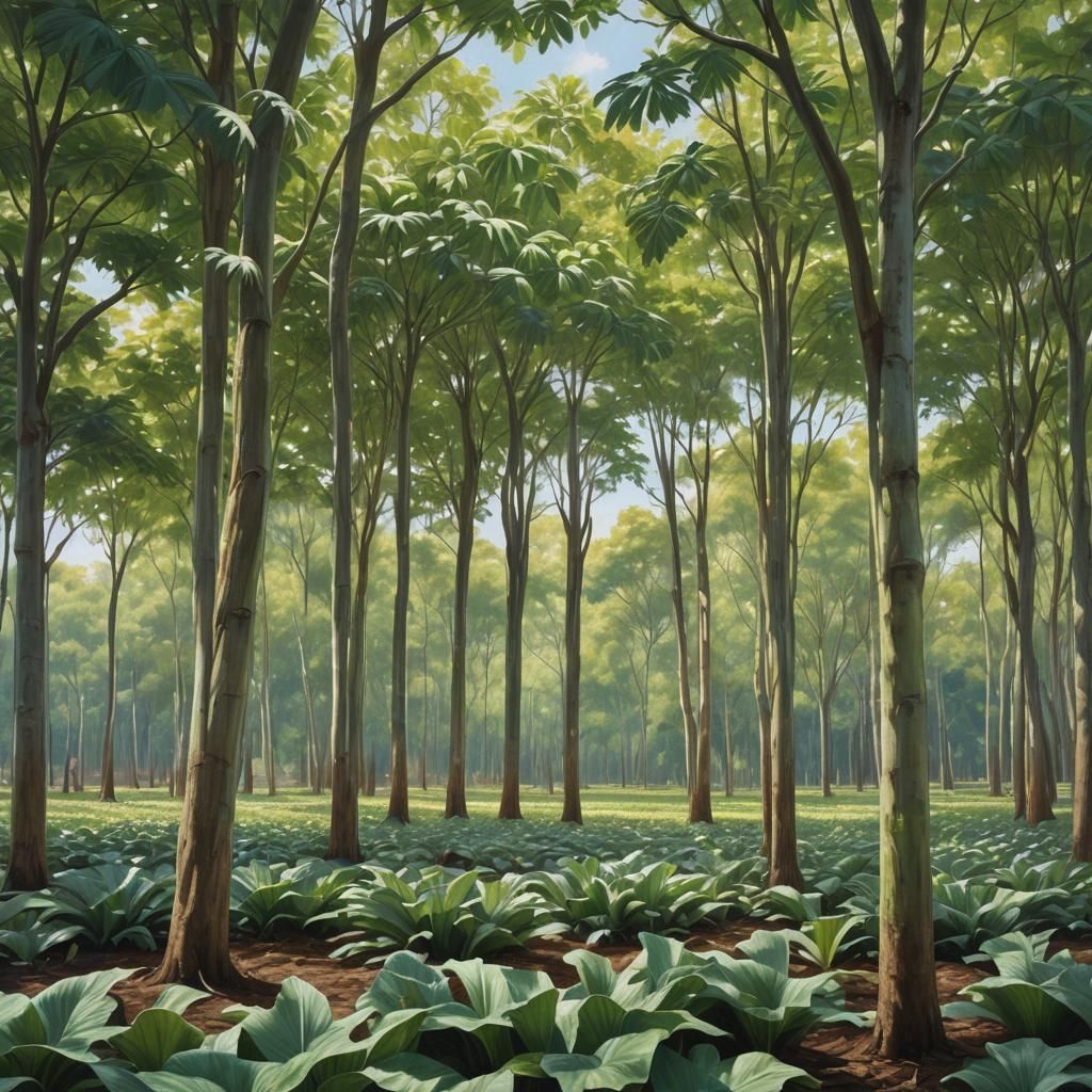 Lush Rows of Mature Plantain Trees in Plantation