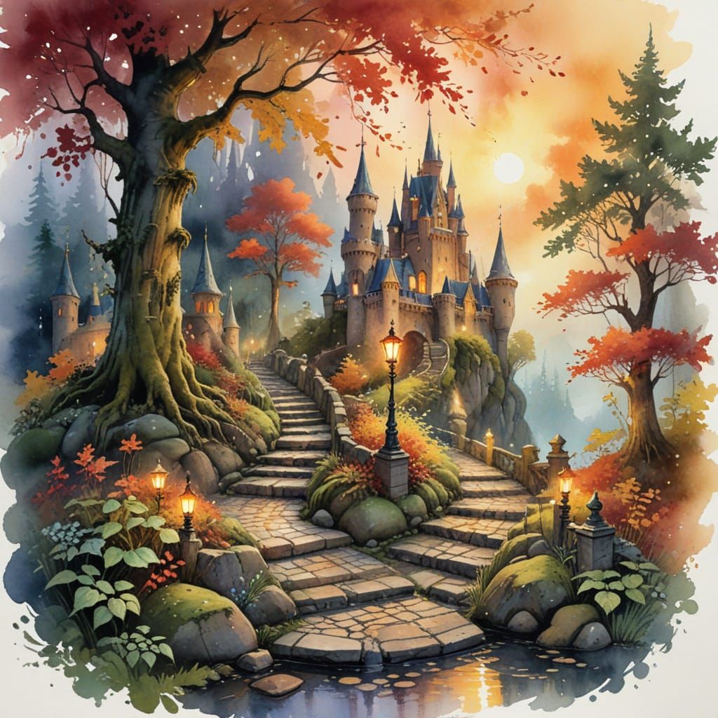 Enchanted Castle in Autumnal Twilight: Watercolor Painting