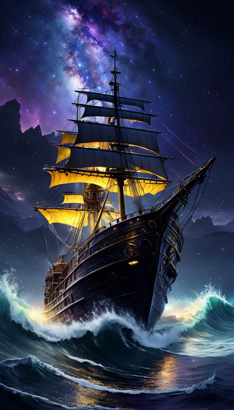 Epic Dark Fantasy Ship in Turbulent Waters Under Starry Nigh...