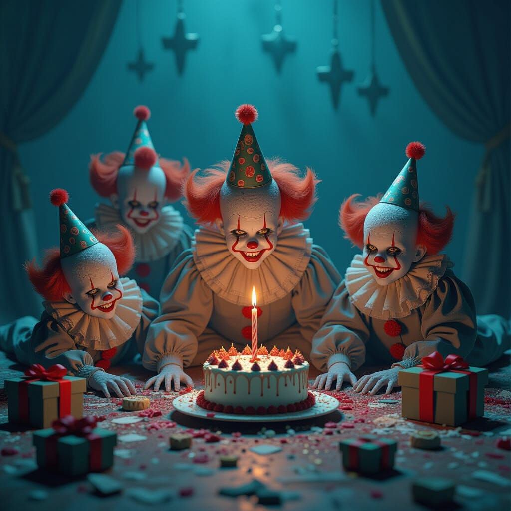 Macabre Birthday Party Scene with Lifeless Clowns
