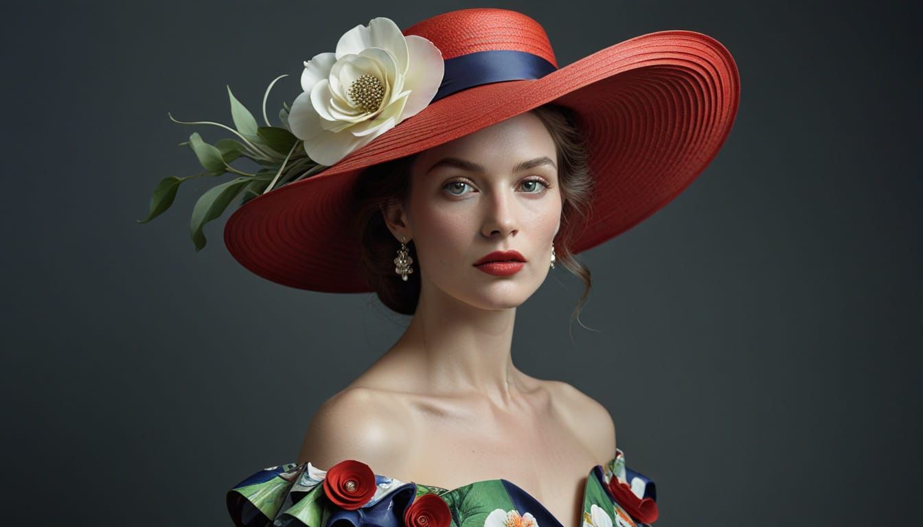 Elegant Woman in Red Hat, Abstract Dress, Studio Portrait