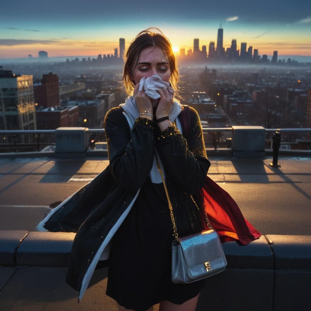 Woman Cries at Sunrise on City Street