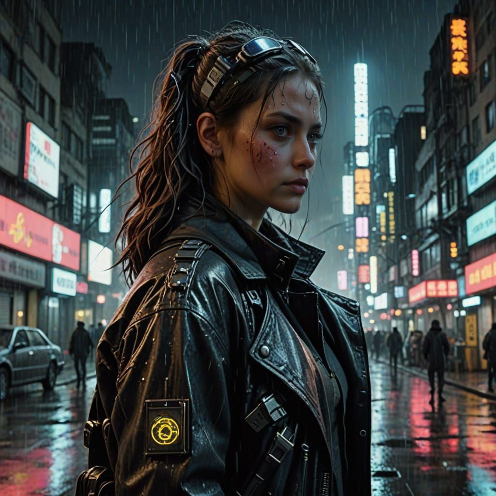 Cyberpunk Woman in Raining City Night