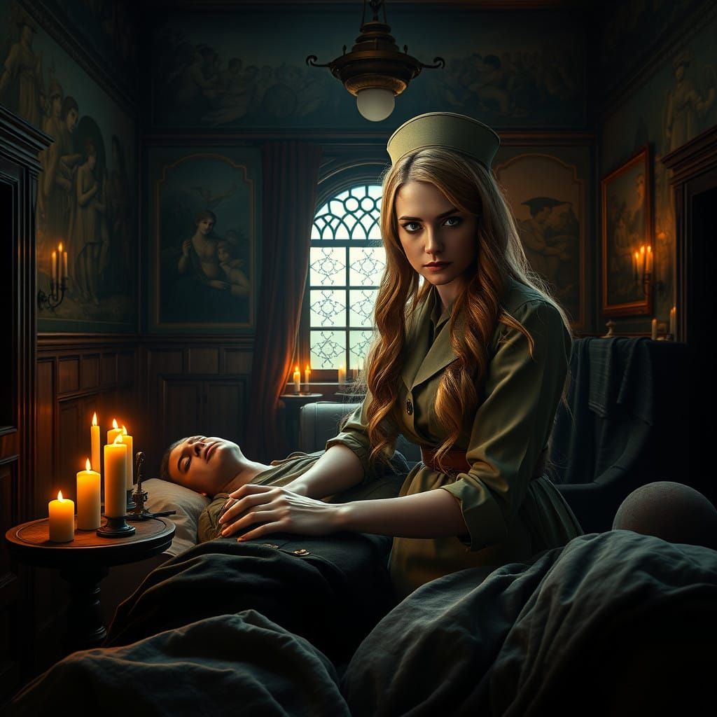 Elegant Nurse in Mystical WWI-Era Infirmary