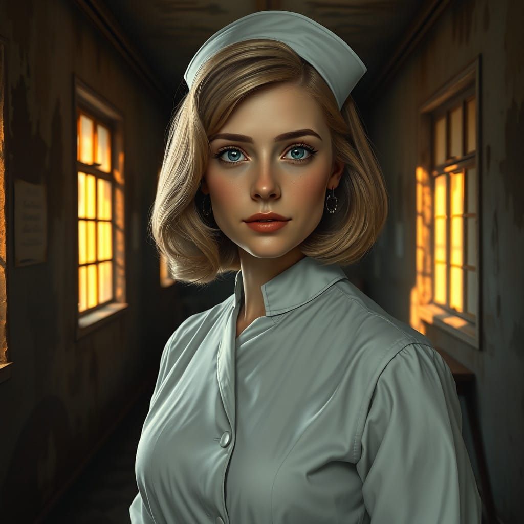 WWI-Era English Nurse in Haunting, Detailed Infirmary Scene