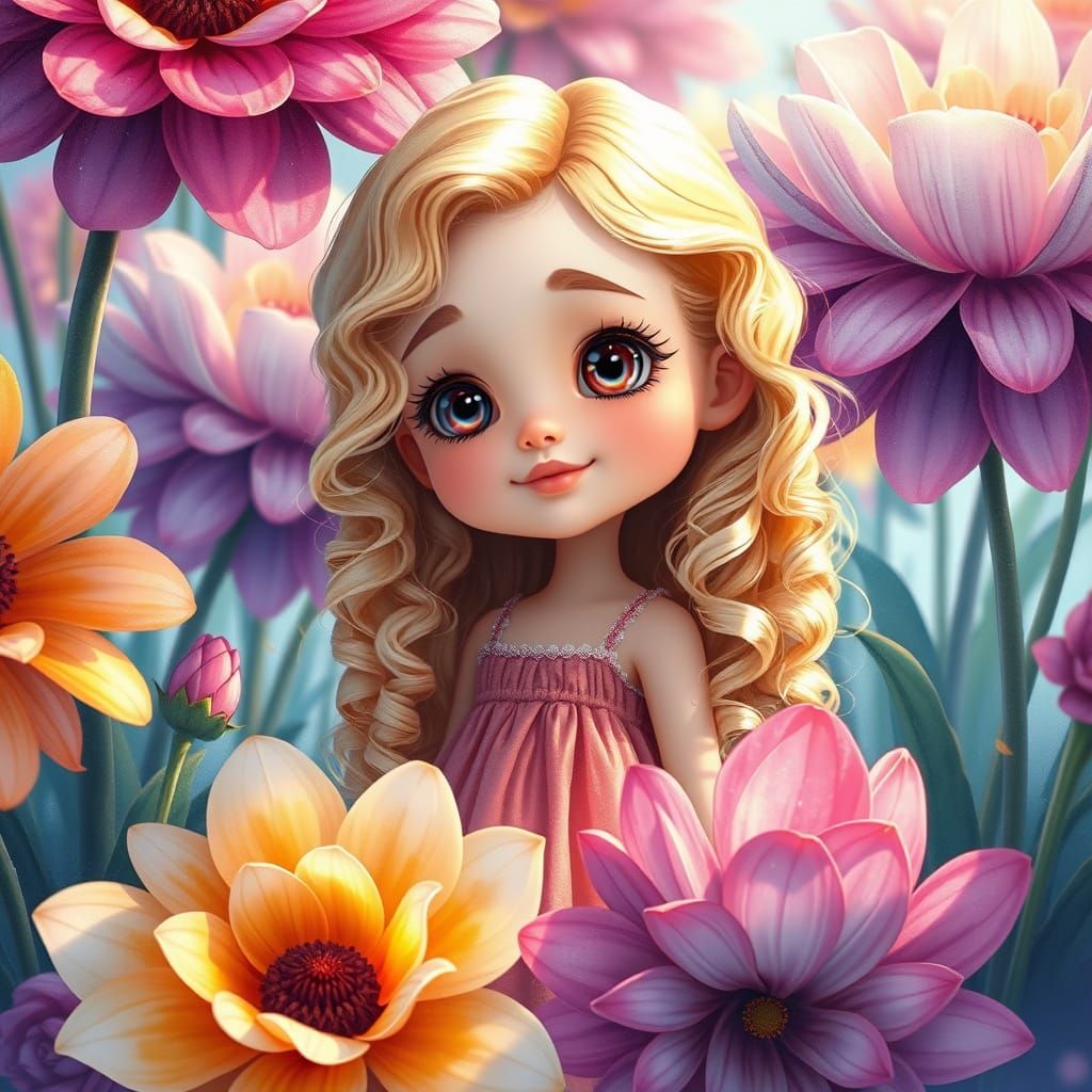 Beautiful Girl in Flowers, 3D Cartoon Semi-Realistic Style