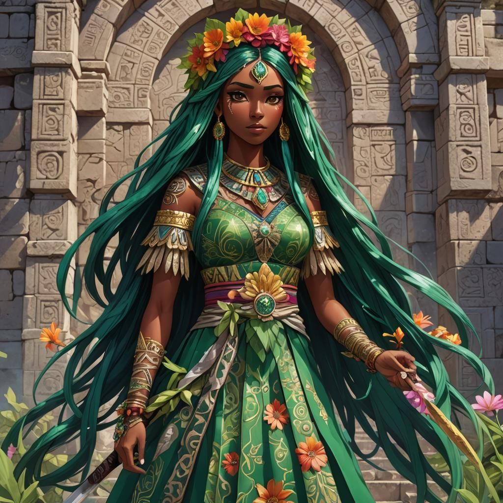 Latina Anime Girl with Obsidian Sword in Mesoamerican Ruins