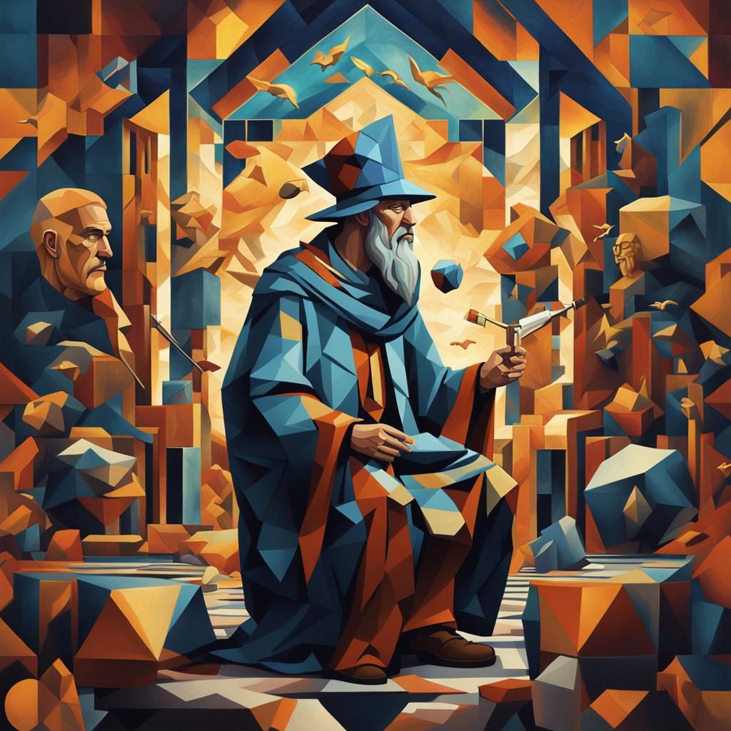 Hermes and Prometheus Merge in Cubist Portrait