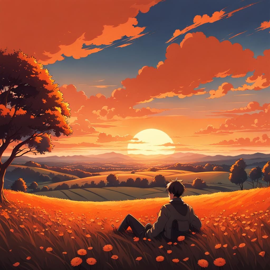 Anime Character in Orange Countryside Landscape