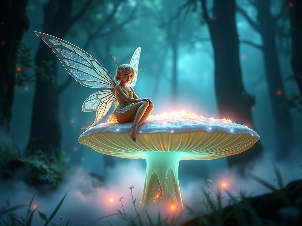 Magical Pixie on Glowing Mushroom in Enchanted Forest