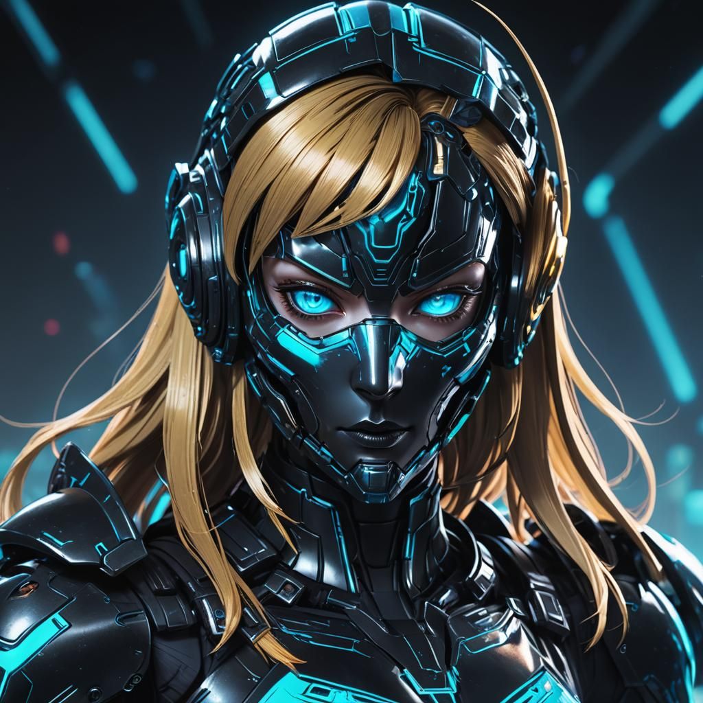 Goth Samus Aran in Neon Cyberpunk Anime Style