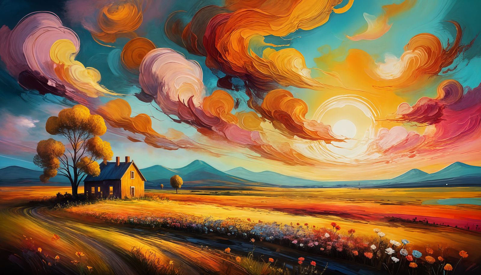 Vibrant Spring Landscape with Whimsical Wildflowers and Noct...