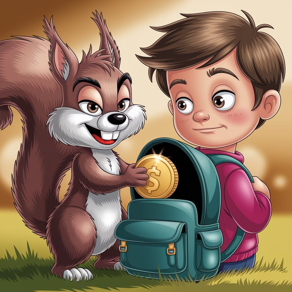 Cartoon Squirrel Stealing Gold Coin