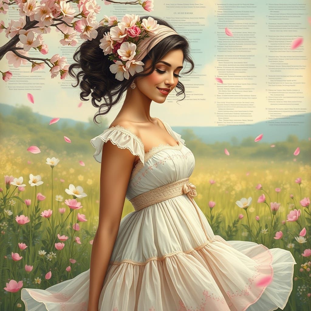 Ethereal Woman in Spring Meadow, Digital Art