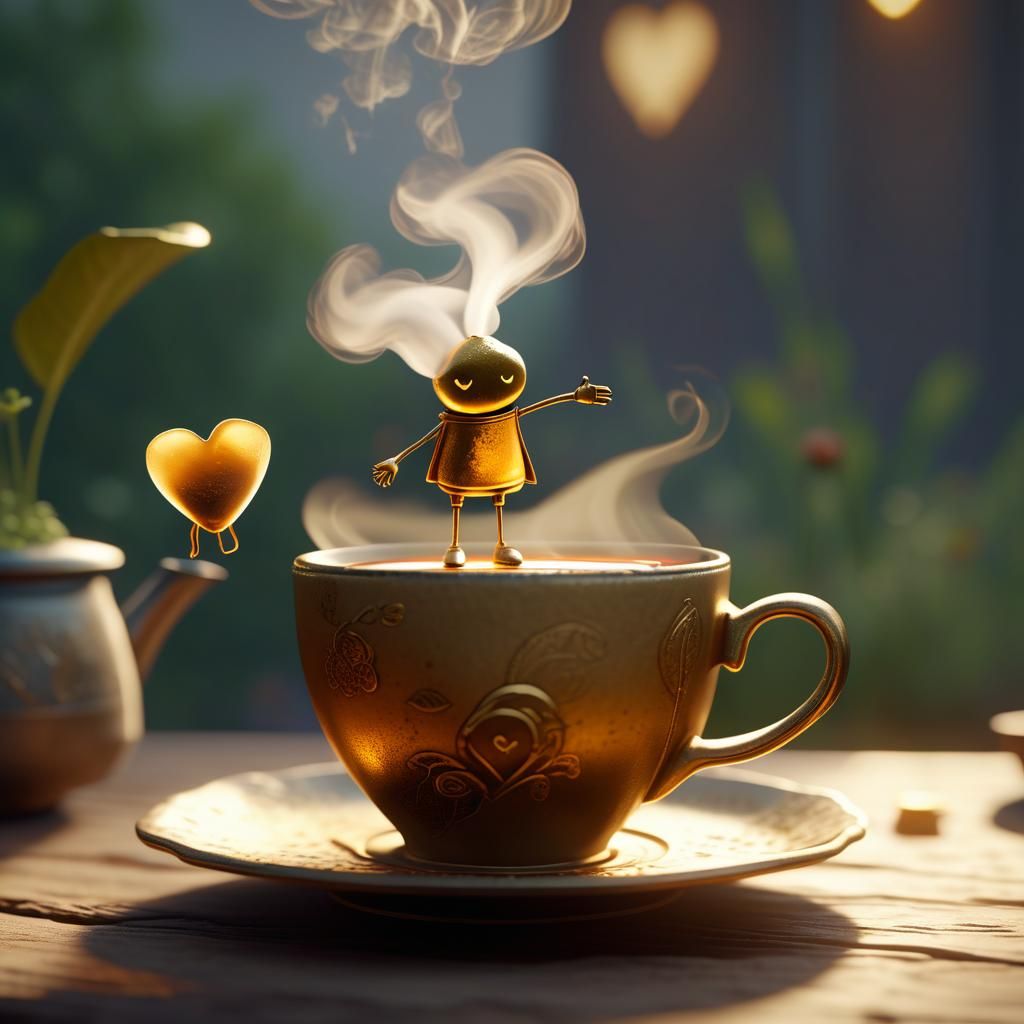 A tea bag with a face and with arms and legs holding a tiny ...