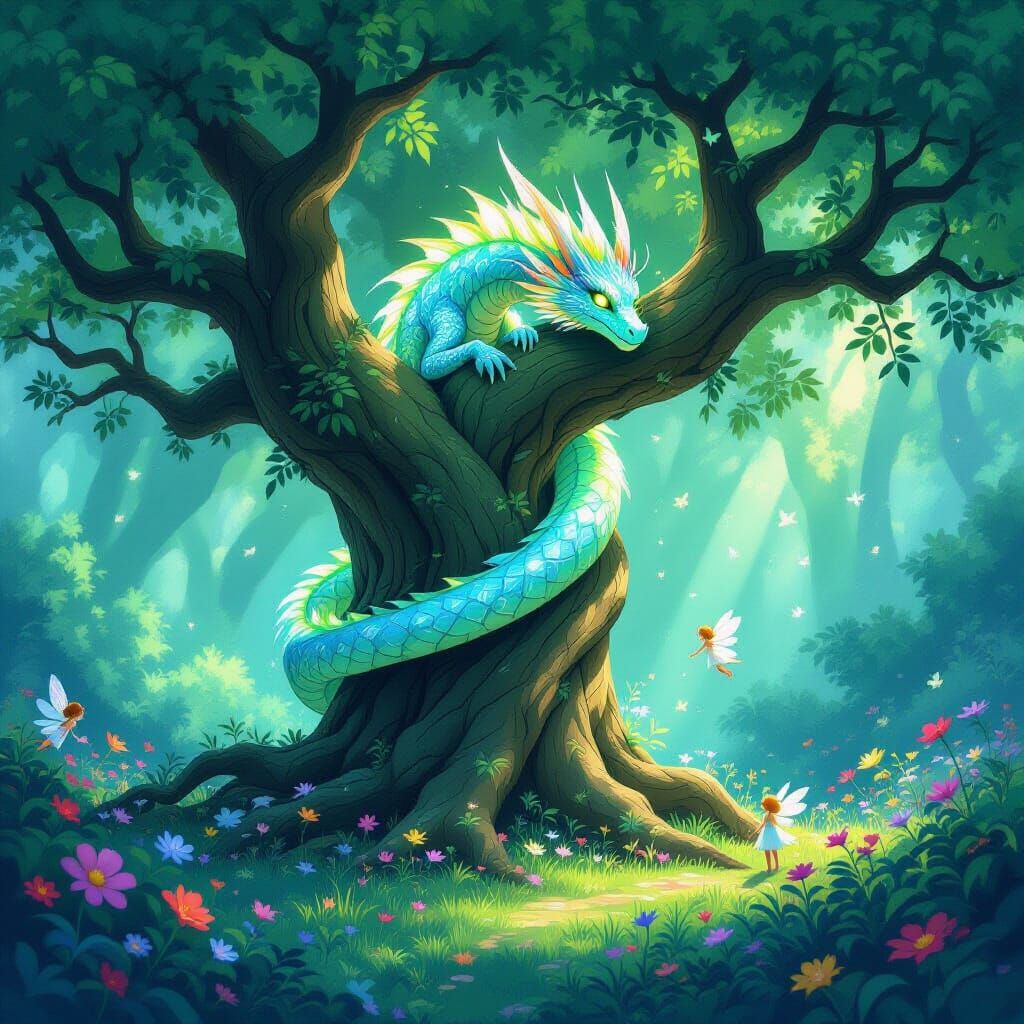 Bioluminescent Dragon in Emerald Grove, Ghibli-esque Style