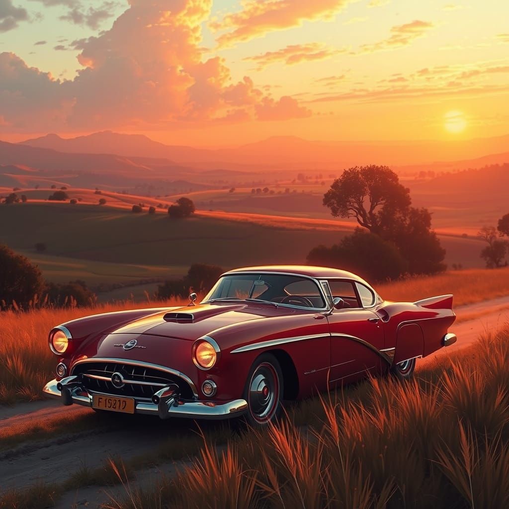 Vintage Car in Countryside: A Digital Art Piece
