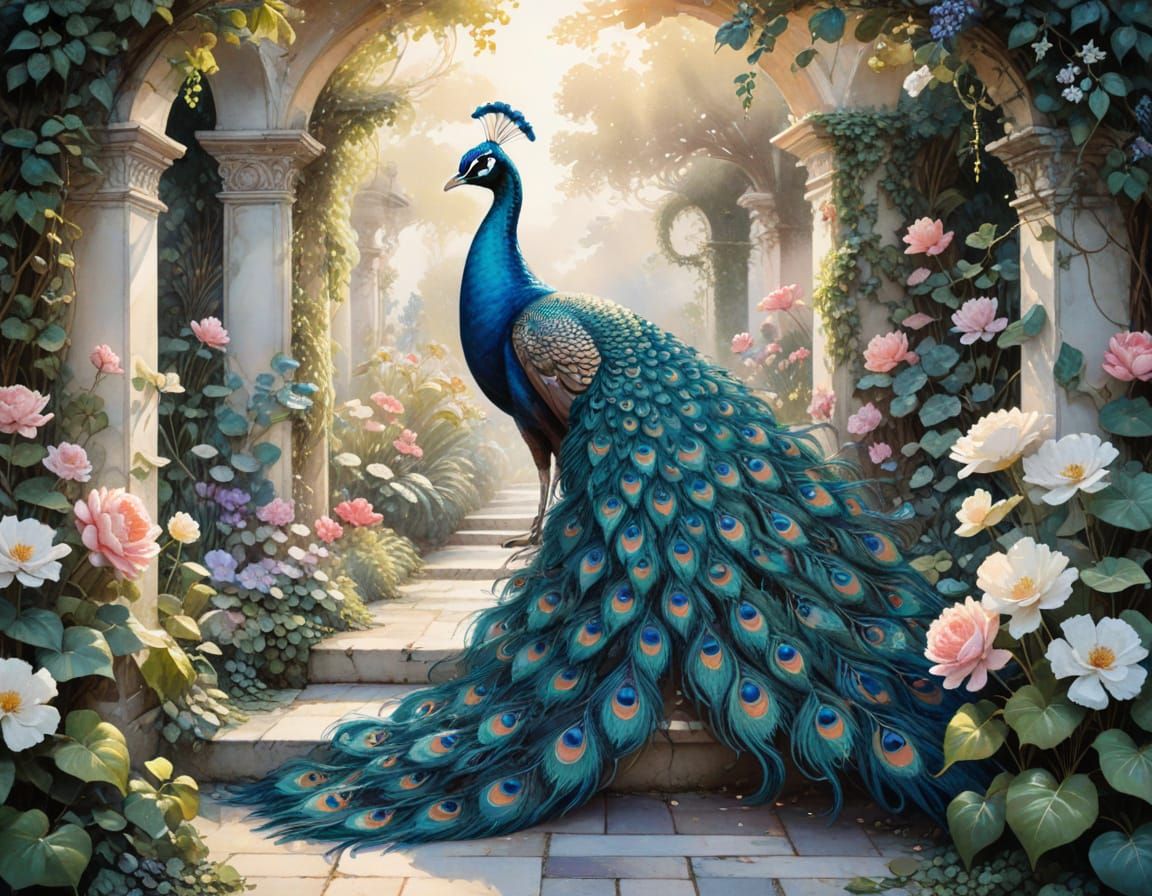 Peacock in Blooming Garden: Ortiz, Yoshida, and Keane Style