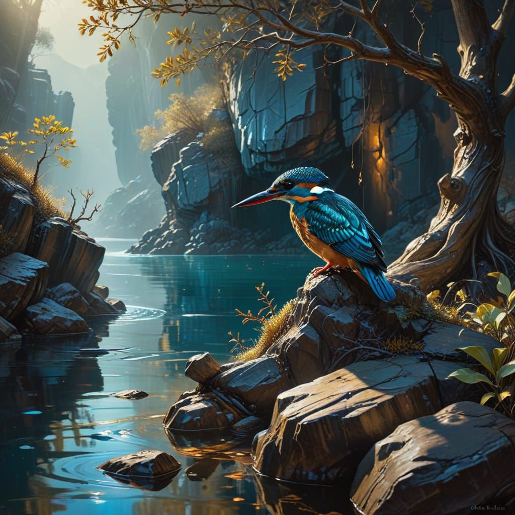 Iridescent Kingfisher by Mountain Lake in Fine Art Style